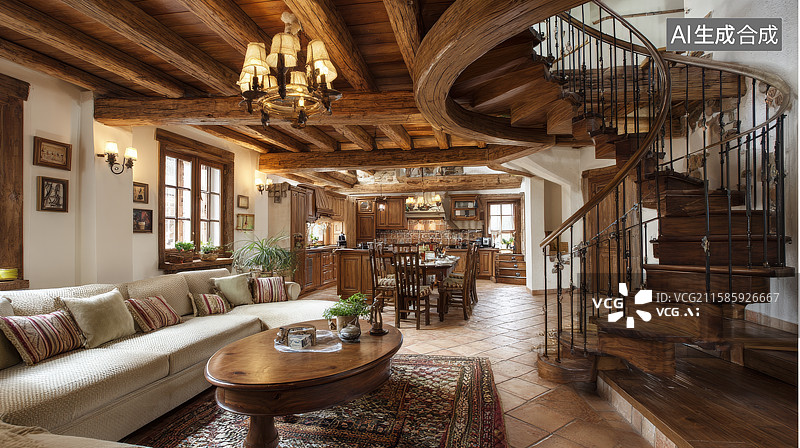 【AI数字艺术】豪华木质内饰客厅与楼梯图片素材