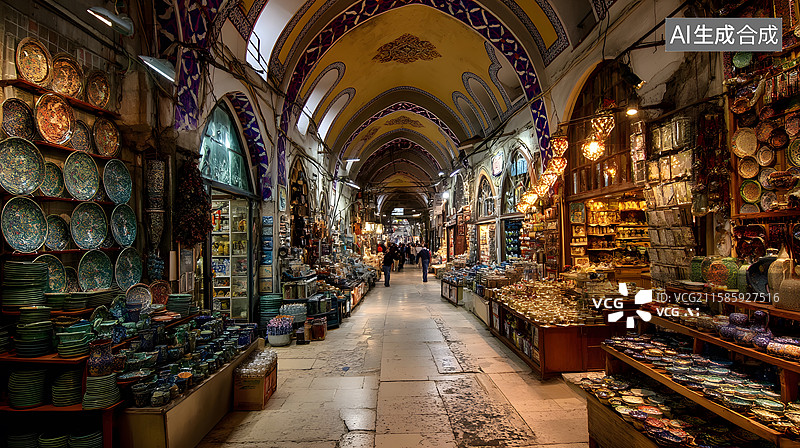 【AI数字艺术】新疆大巴扎市集内部景象图片素材