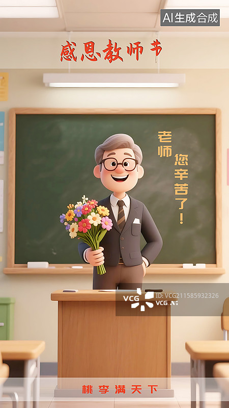 【AI数字艺术】AIGC：教师节海报设计 黑板前的老教师手拿鲜花花束图片素材