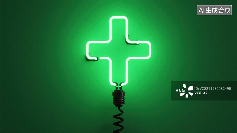 【AI数字艺术】十字形状的绿色发光灯管霓虹灯节能环保生态主题图片素材