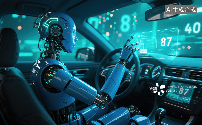 【AI数字艺术】Ai人工智能机器人在城市街道上驾驶汽车图片素材