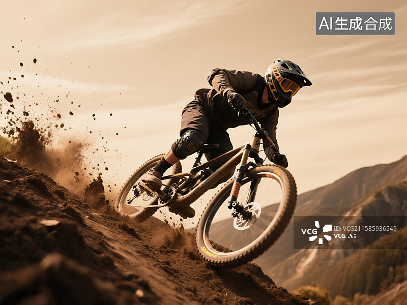 【AI数字艺术】山地自行车手在尘土飞扬的山坡上骑行图片素材