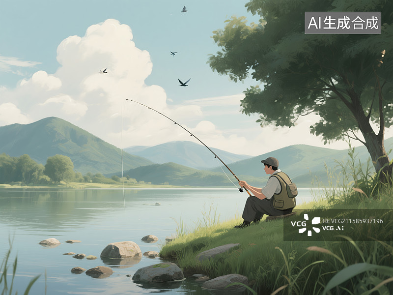 【AI数字艺术】湖畔垂钓，静享自然图片素材