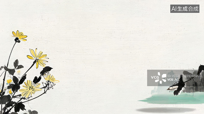 【AI数字艺术】水墨画两侧-背景壁纸1淡雅花卉与远山水墨画图片素材