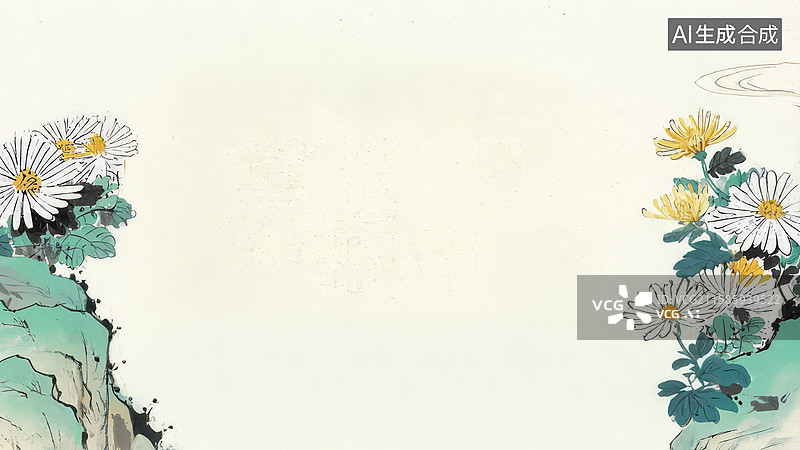 【AI数字艺术】水墨画两侧-背景壁纸1淡雅花卉与山石的水墨画图片素材
