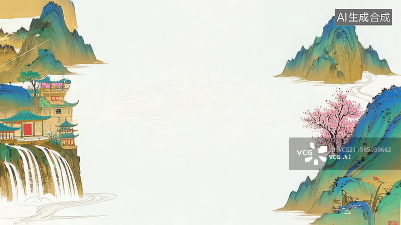 【AI数字艺术】水墨画两侧-背景壁纸1山水画风，楼阁瀑布与桃花山景图片素材