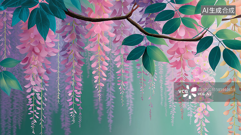 【AI数字艺术】清新花朵背景——紫藤萝瀑布图片素材