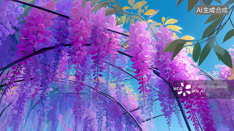 【AI数字艺术】清新花朵背景——紫藤萝瀑布图片素材