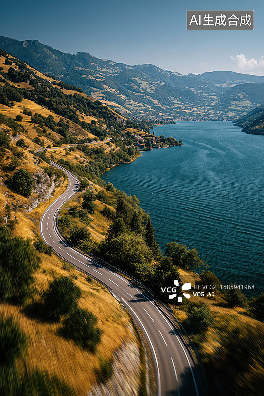 【AI数字艺术】蜿蜒山水公路，湖泊与山脉间的动态风光图片素材