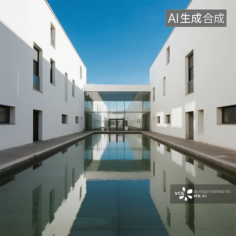 【AI数字艺术】现代建筑与水池的对称美图片素材