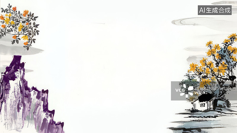 【AI数字艺术】水墨画两侧-背景壁纸1水墨画风的山石与花树图片素材