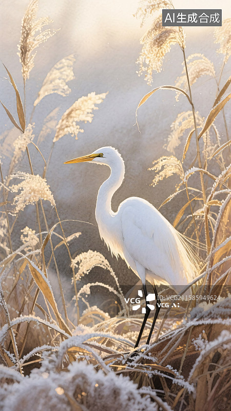 【AI数字艺术】国风芦苇白鹭插画图片素材