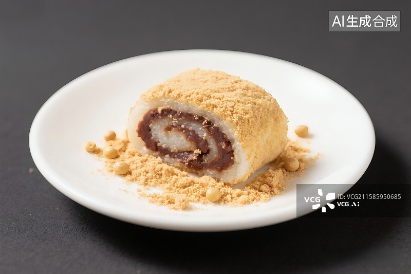 【AI数字艺术】白色磁盘中的地方特色美食，豆沙馅的驴打滚图片素材
