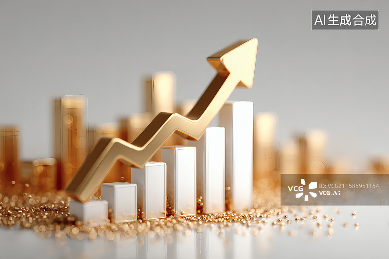 【AI数字艺术】呈上升趋势的柱状图与箭头，堆积的金币，经济增长海报图片素材