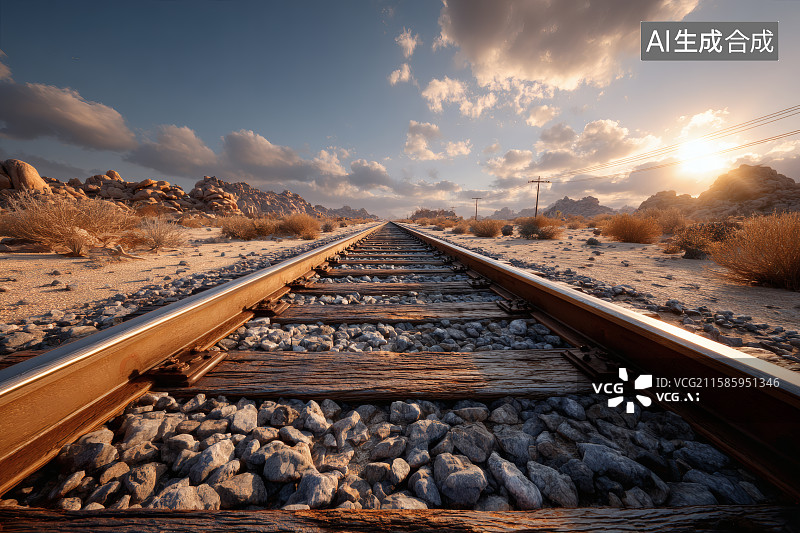 【AI数字艺术】蓝天白云，戈壁沙漠中的一条铁轨图片素材