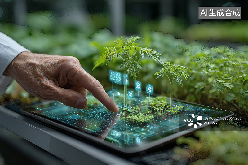 【AI数字艺术】三维立体图形，手指在屏幕上操控，查看植物生长状态图片素材