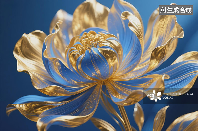 【AI数字艺术】蓝金莲花绽放图片素材
