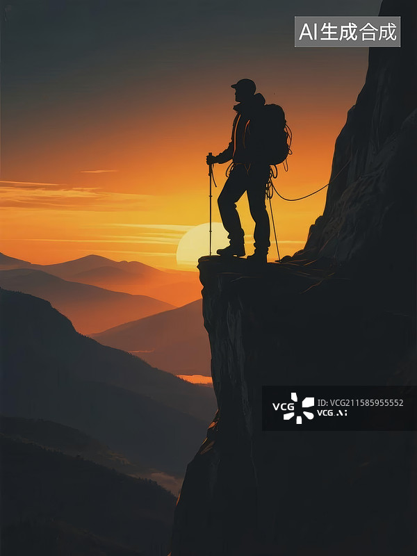 【AI数字艺术】山巅日落剪影图片素材