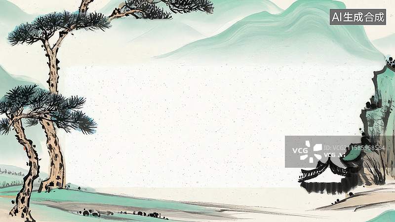 【AI数字艺术】水墨画最大-背景壁纸1松树与山石旁的古船图片素材