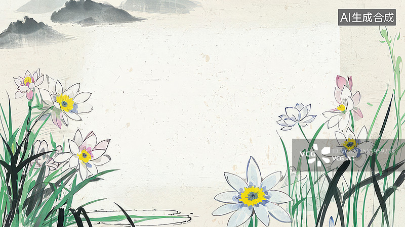 【AI数字艺术】水墨画最大-背景壁纸1水仙花与远山的水墨画图片素材