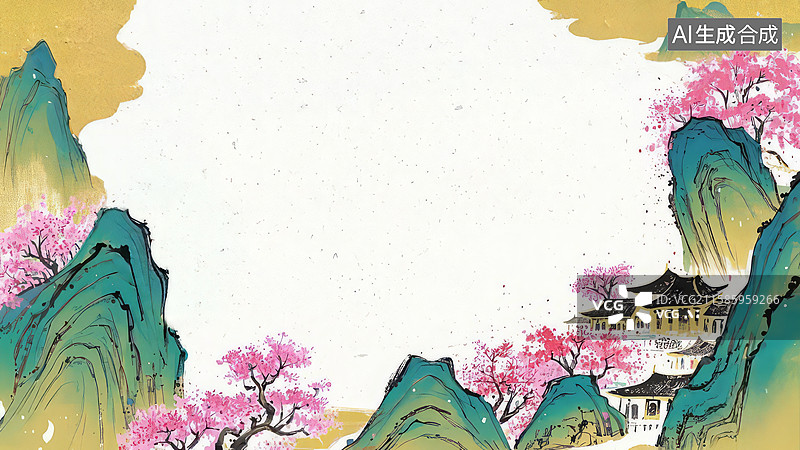【AI数字艺术】水墨画最大-背景壁纸1山水画中的古建筑与樱花图片素材