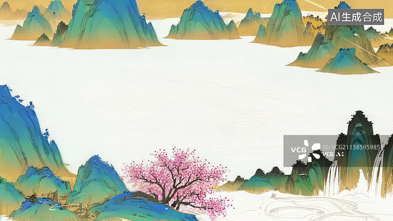 【AI数字艺术】水墨画最大-背景壁纸1山水画中的桃花树与瀑布图片素材