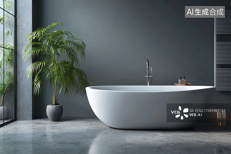 【AI数字艺术】简约设计风格，绿植，白色的浴缸图片素材