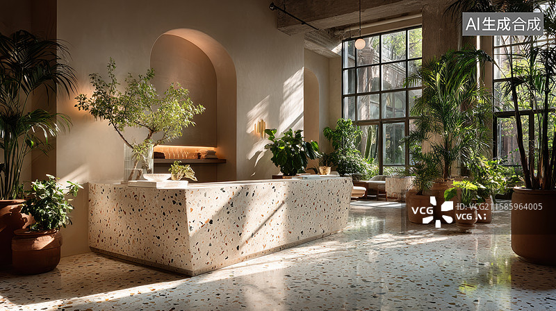 【AI数字艺术】现代室内设计，绿植环绕的接待区图片素材