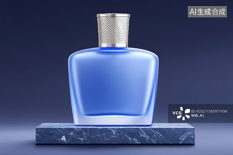 【AI数字艺术】蓝色香水瓶置于石质台上图片素材