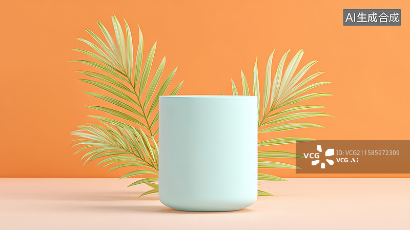【AI数字艺术】绿色叶子围绕着浅蓝色圆柱图片素材