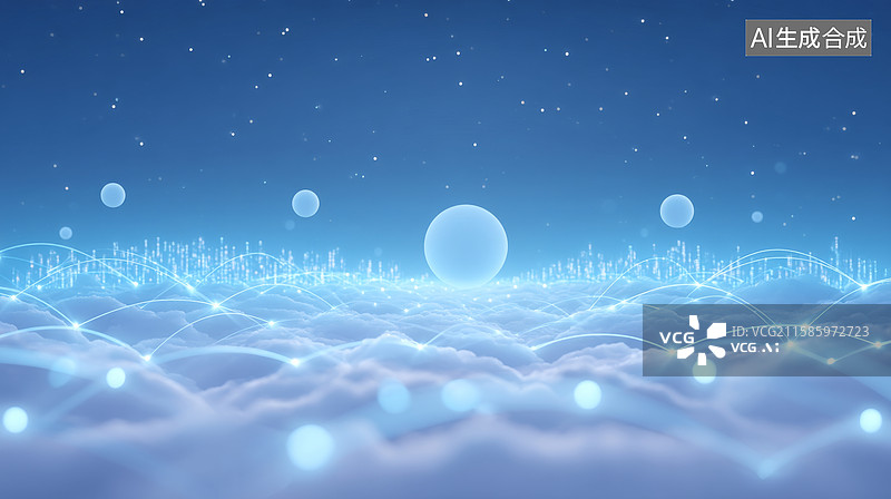 【AI数字艺术】蓝色背景下漂浮着光球图片素材