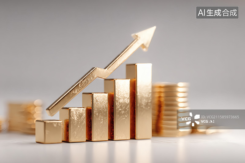 【AI数字艺术】白色背景，柱状图，堆积的金币，上升的箭头，财富增长，金融海报图片素材