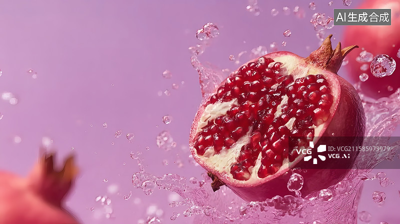 【AI数字艺术】粉色背景，红色的剥去外壳的石榴，里面红色的，颗粒饱满的石榴籽图片素材