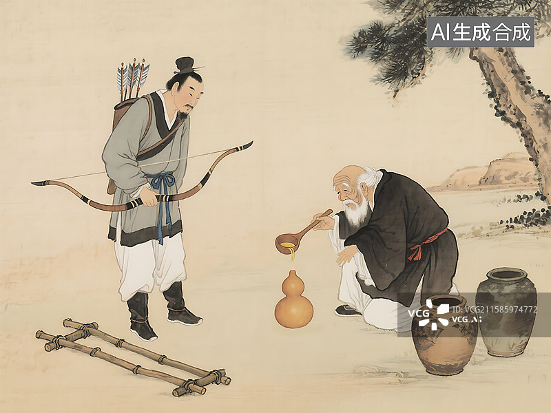 【AI数字艺术】卖油翁 无他 唯手熟尔 古画 水墨画图片素材