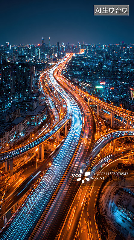 【AI数字艺术】夜幕下的城市高架道路图片素材