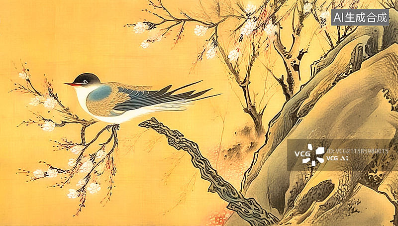 【AI数字艺术】梅花枝上的水墨燕雀图片素材