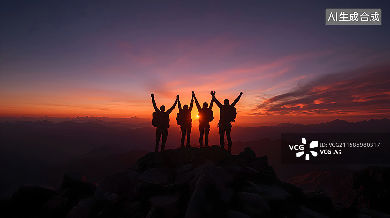 【AI数字艺术】四个徒步旅行者在日落时在山顶振臂高呼的剪影，远足和团队合作的理念图片素材