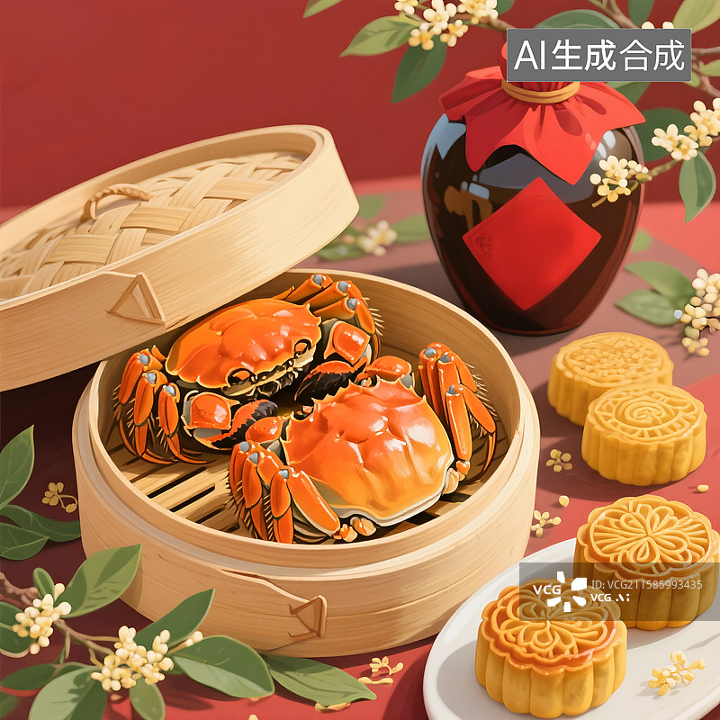 【AI数字艺术】中秋阳澄湖大闸蟹，月饼酒坛图片素材