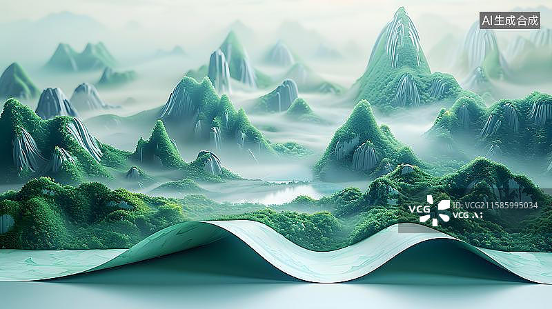 【AI数字艺术】云雾缭绕的绿色山峦 水波荡漾的山水画卷  卷轴画书本上的山水世界  中式古风山水画呈现在弯曲卷轴上图片素材