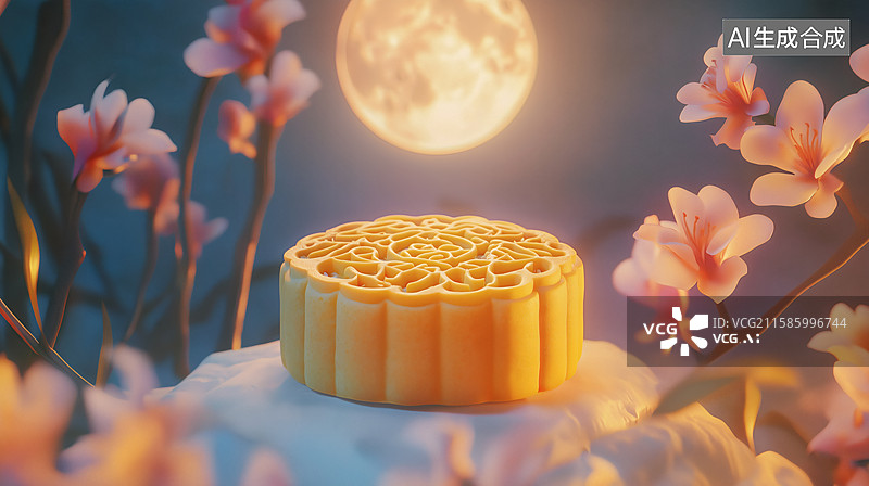 【AI数字艺术】中秋团圆：月饼与花朵的唯美浪漫图片素材