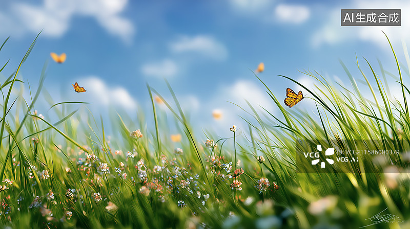 【AI数字艺术】阳光明媚的草原，蝴蝶翩翩起舞图片素材