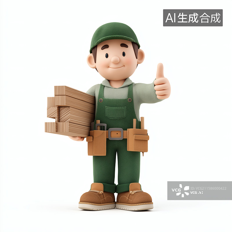【AI数字艺术】卡通修理工竖起大拇指，拿着木板图片素材