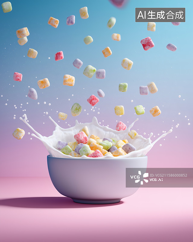 【AI数字艺术】彩色麦片与牛奶飞溅的视觉盛宴图片素材