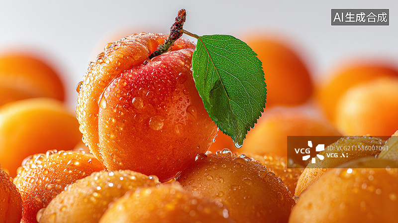 【AI数字艺术】新鲜桃子堆叠 绿叶点缀图片素材