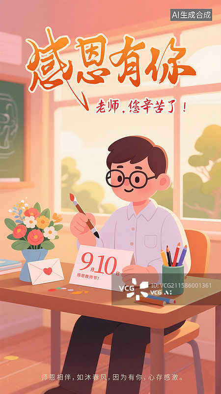 【AI数字艺术】9月10日 感恩教师节插画海报模版 办公室里戴眼镜的男老师 教室里批改作业的男老师 竖版图片素材