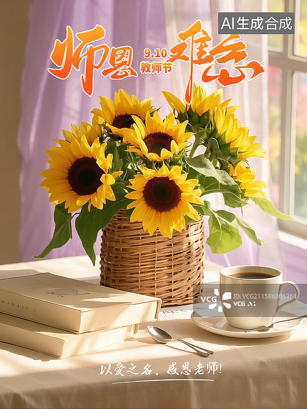 【AI数字艺术】3D渲染教师节插画海报模版 桌面上的向日葵、书本  老师您辛苦了 学生感恩老师 窗台场景 竖版图片素材