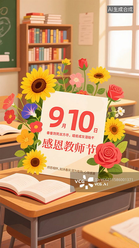 【AI数字艺术】3D渲染教师节插画海报模版 桌面上的花束、书本  老师您辛苦了 学生感恩老师 教室场景 竖版图片素材
