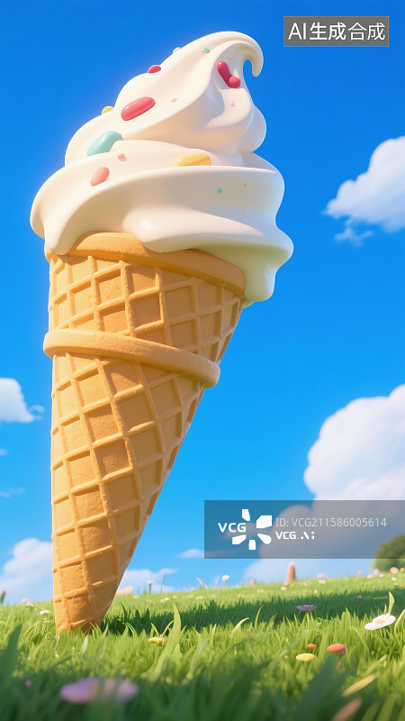 【AI数字艺术】一个超级大的冰淇淋圣代的卡通图片。在一个以蓝天为背景的草地环境中图片素材
