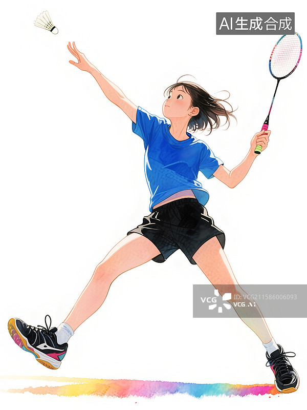 【AI数字艺术】一名女性羽毛球运动员人物扁平肌理插画图片素材