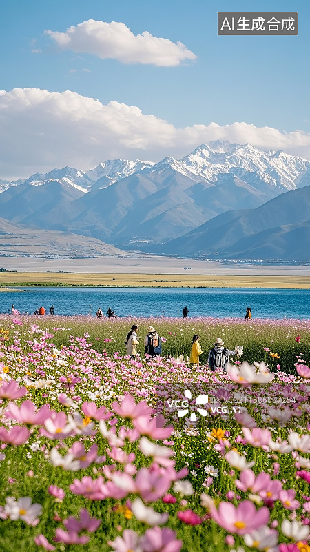 【AI数字艺术】下往上拍，开满格桑花里，夏日蓝天白云的天空，阳光明媚，温暖治愈，高清像素，实景图片素材